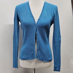 City Silk Knitwear Silk Cotton Ribbed Button Cardigan Size L Blue Old Money Work